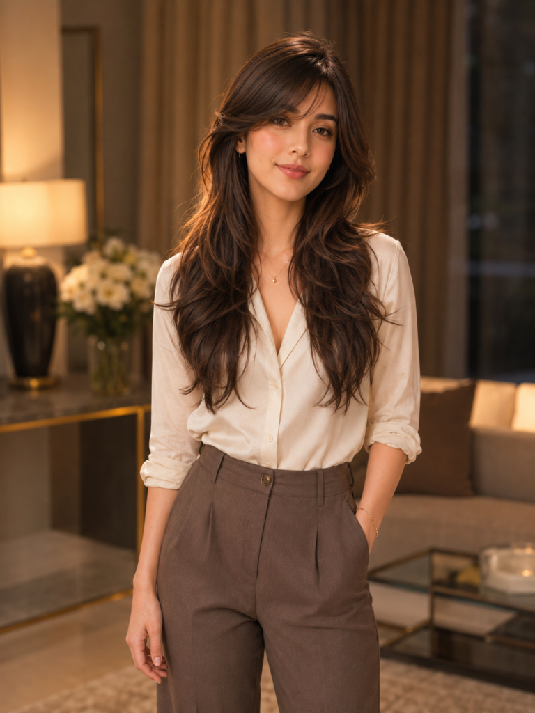 AI girl with side bangs and glam hollywood waves, shown in a full indoor portrait.