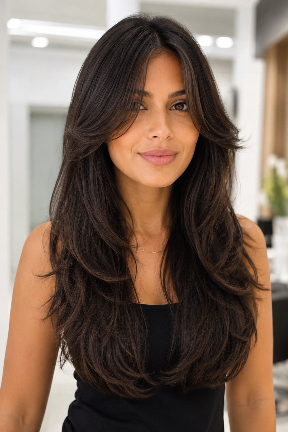 Long curtain bangs with soft layers are perfect for an everyday hairstyle that looks simple but stylish.