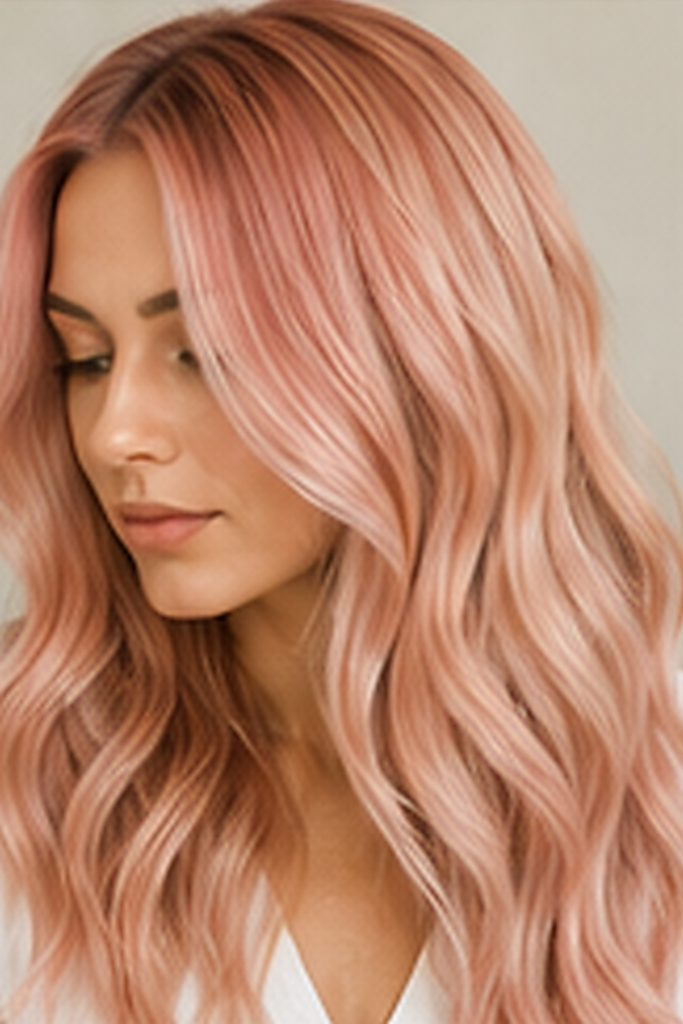 Rose gold blonde combines pale blonde with a pink shimmer, best for fair to light-medium, cool or neutral-undertone skin on pre-lightened hair. 