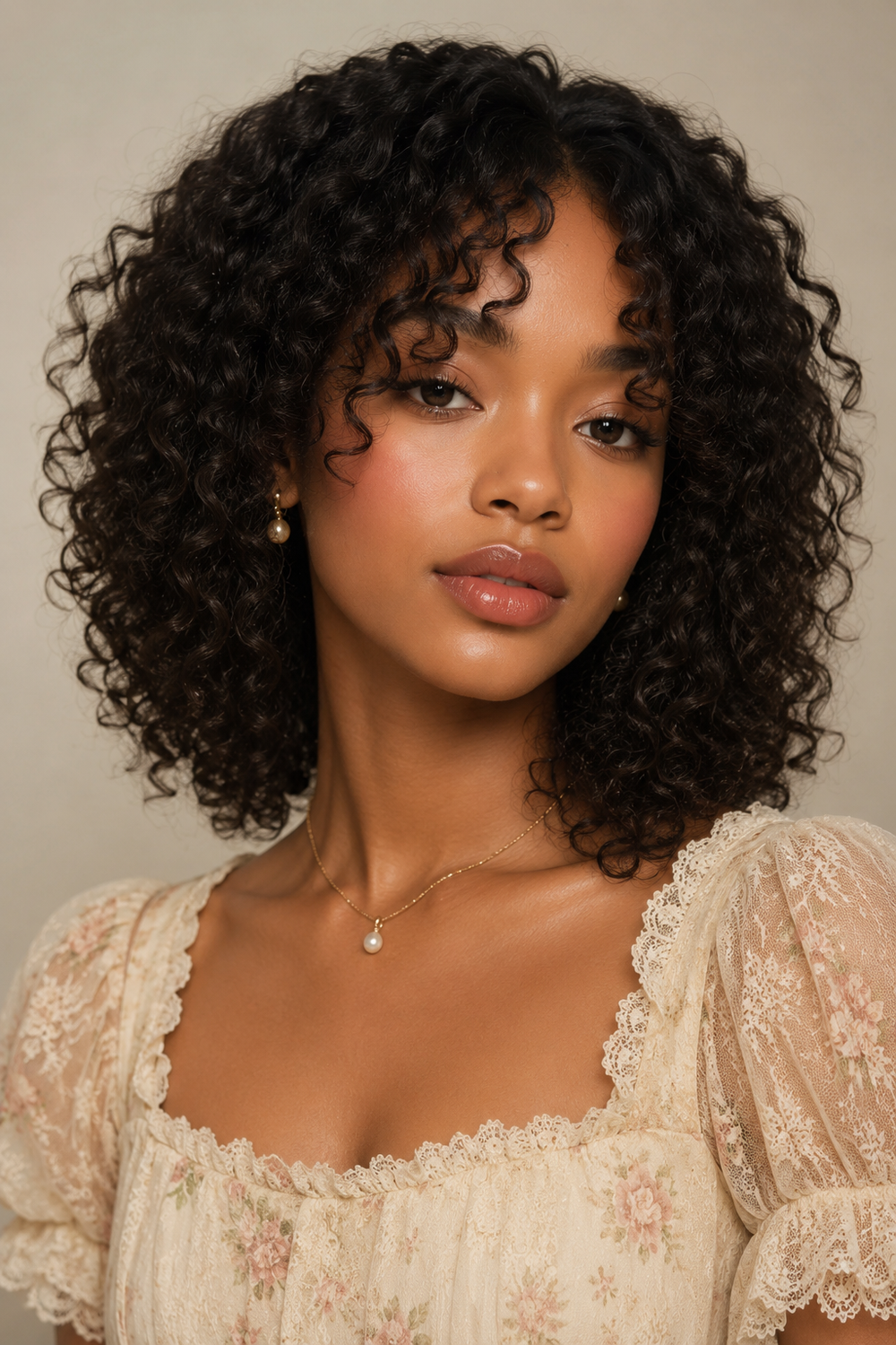 26. Curly Weave with Center-Parted Bangs