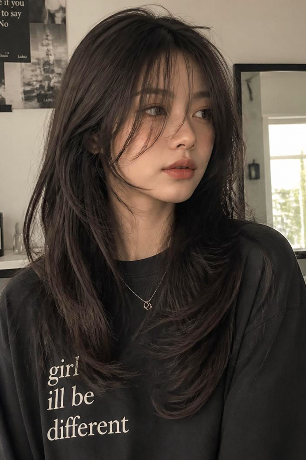 Long layered hair with wispy curtain bangs gives a soft, lightweight look. The bangs are not too thick, so they create a gentle frame around the face.