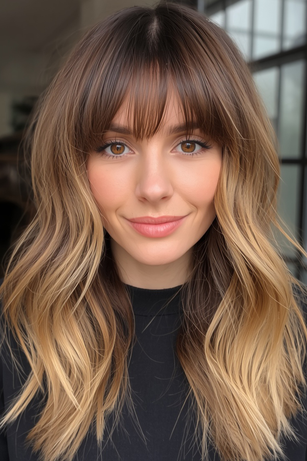 Face-framing layers with curtain bangs are one of the most flattering haircut ideas. The layers around the face highlight the features and create a soft, pretty shape.
