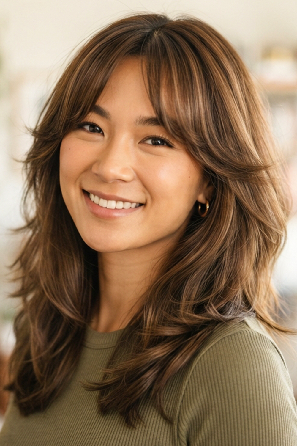 Medium layered hair with curtain bangs is a beautiful option for anyone who wants a manageable hairstyle. The length is easy to style, while the layers add shape and bounce.