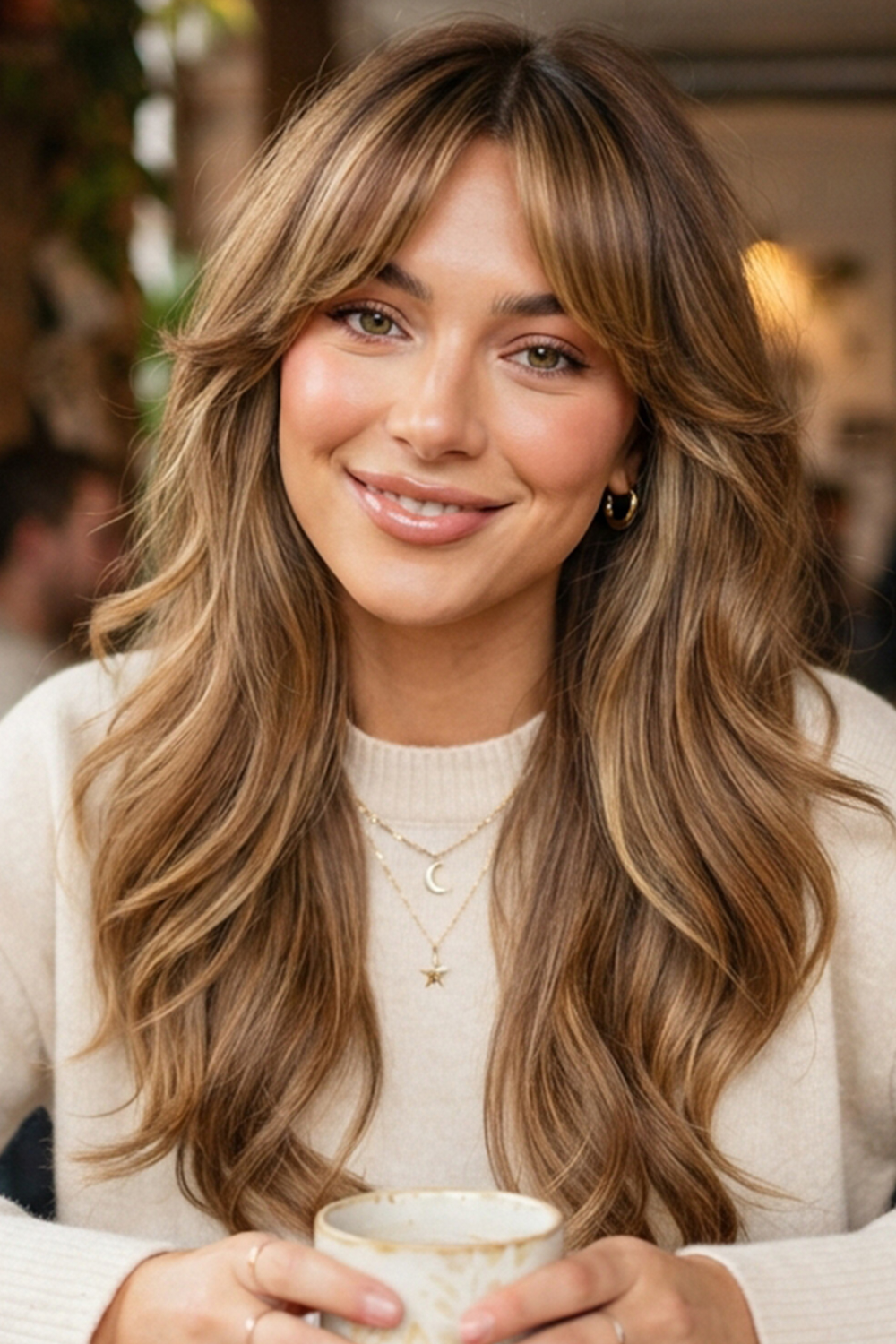Pairing teddy bear bronde with curtain bangs creates a romantic, face-framing look that feels soft and modern at once.