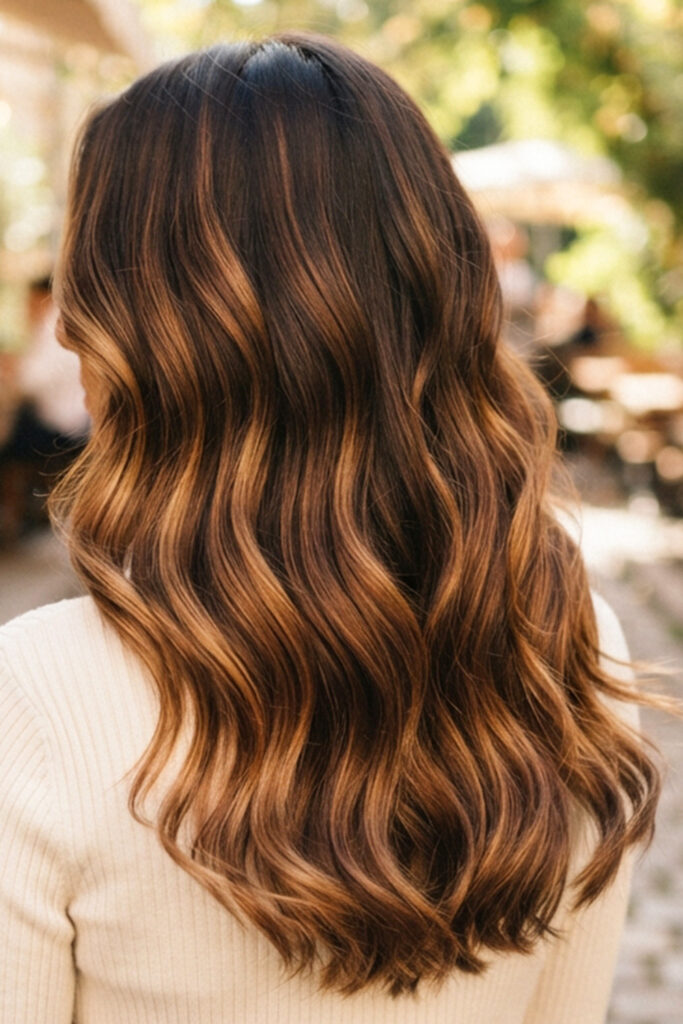 Caramel balayage on deep brunette hair