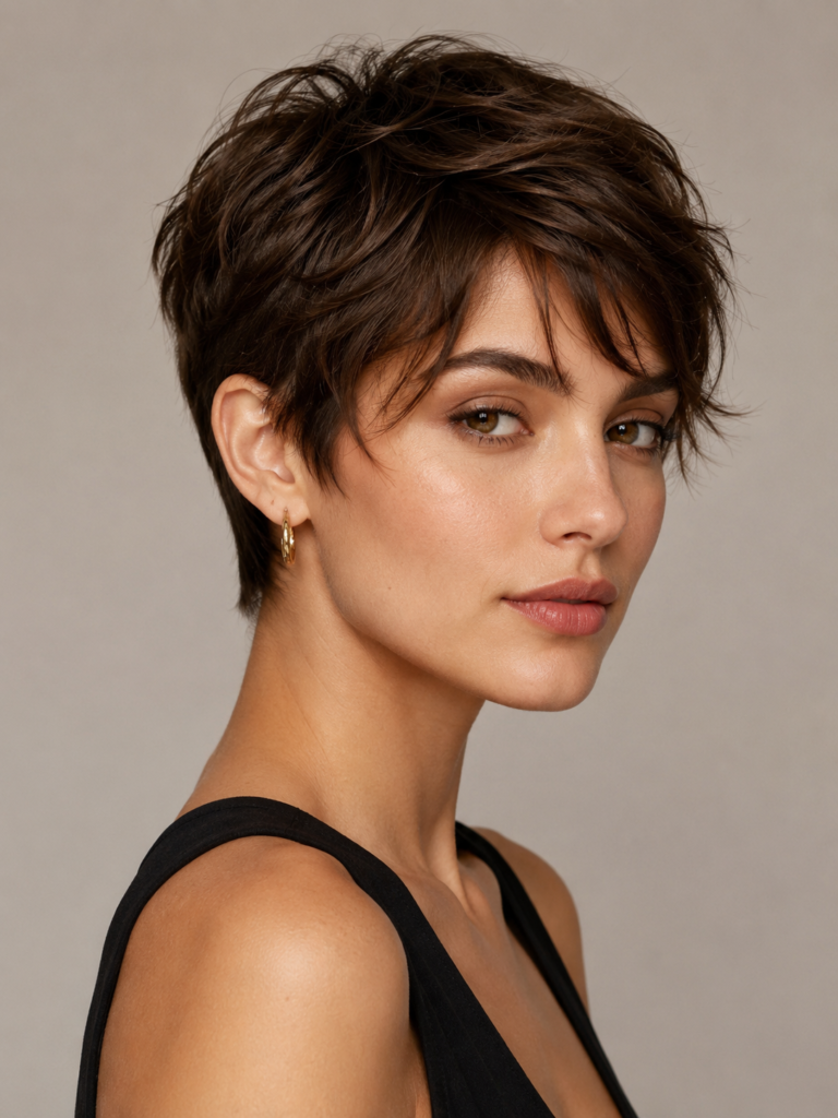 The soft textured pixie cut is a feminine update on the traditional short pixie.