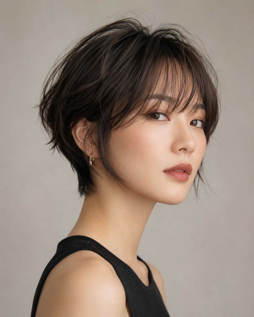 The modern bixie blends short, textured layers with deliberate length at the front and carefully shaped volume at the crown to frame the face.