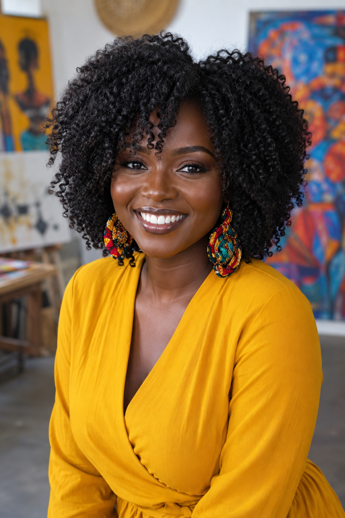 Curly face-framing layers shape the haircut while allowing natural texture to remain prominent.