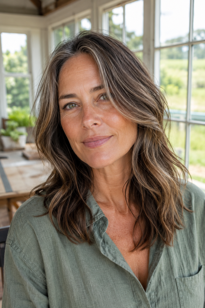 Grown-out front layers create a relaxed frame that blends naturally into longer hair.