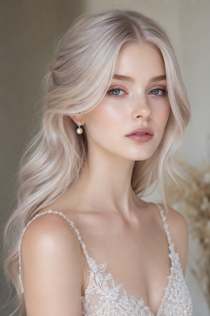 Pearl blonde is a soft, luminous shade with lavender or silver undertones, best for fair, cool-undertone skin and oval or heart-shaped faces on fine, healthy hair. 