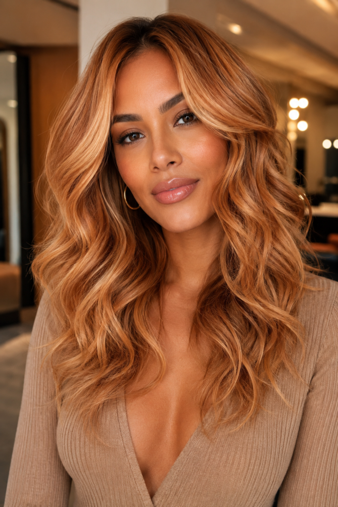 Blorange blends blonde with warm copper for a bold finish, suited to warm or olive skin tones and oval or heart-shaped faces on medium to thick hair. 