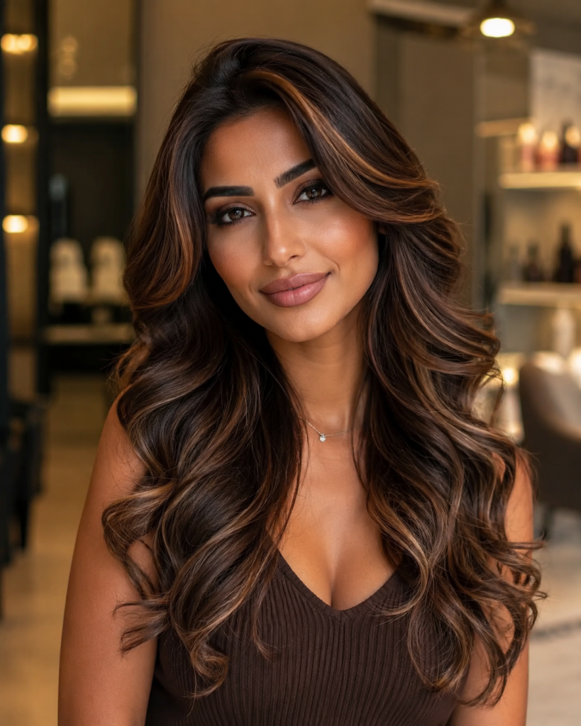 Combining chocolate brown with caramel highlights creates one of the most flattering and universally loved color combinations in the brunette family.