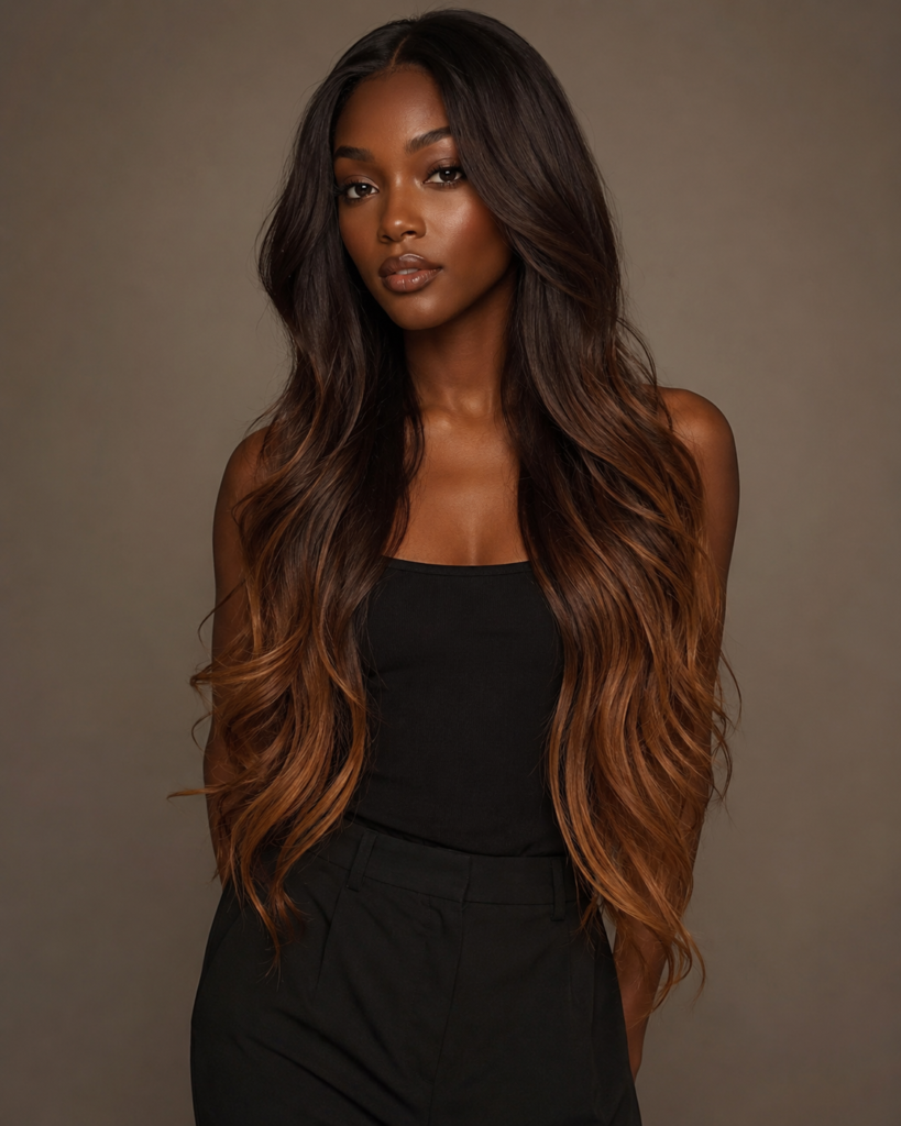 Chocolate brown ombre is a striking gradient look where the hair transitions from a darker chocolate brown at the roots to a lighter shade.