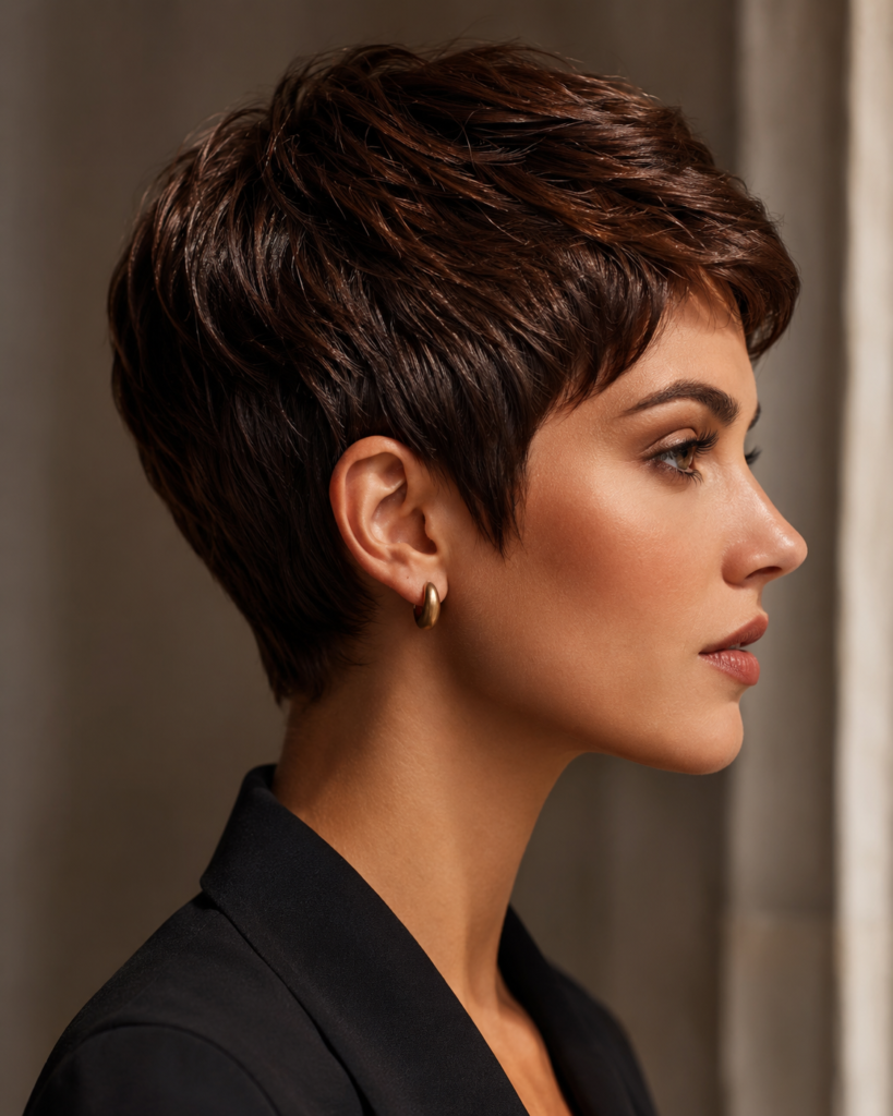 Short hair lovers can still enjoy the richness of chocolate brown through a pixie cut.
