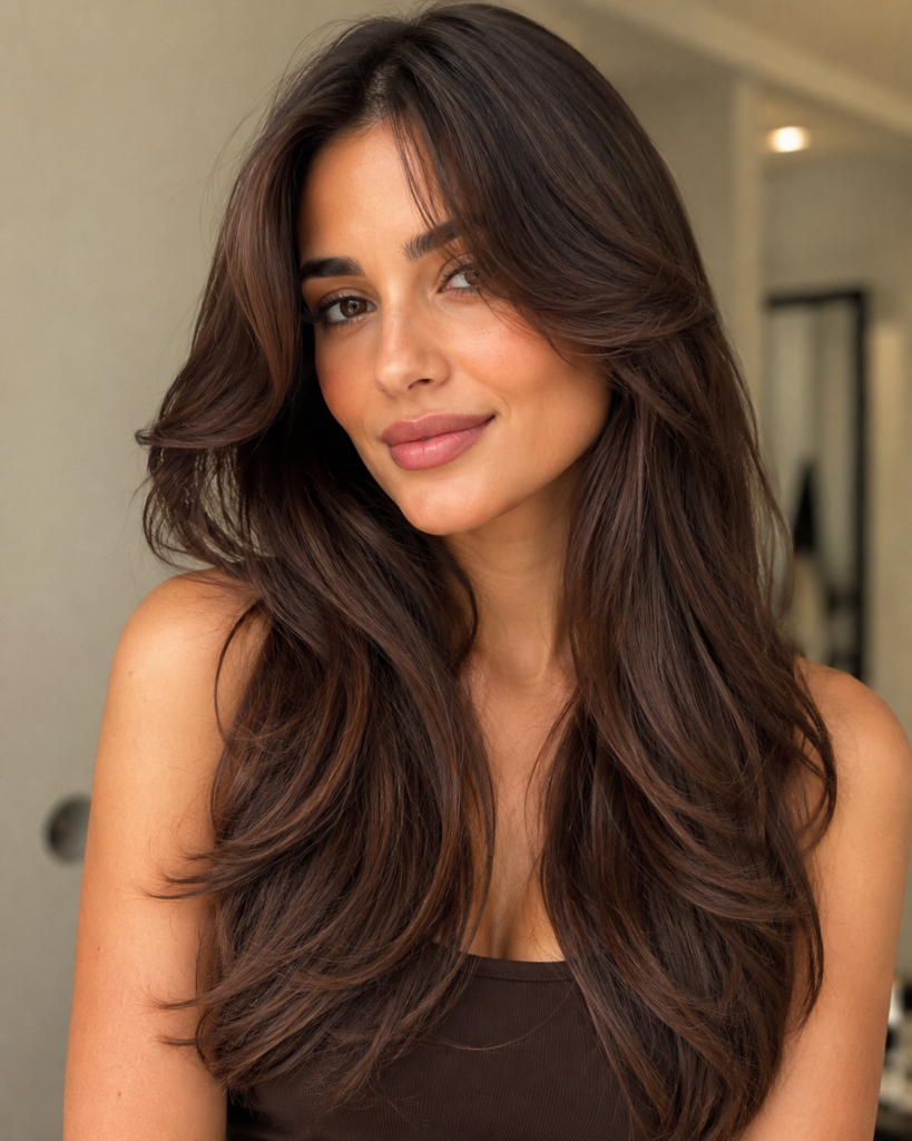 Adding face-framing layers to chocolate brown hair enhances the color's dimension while also softening and flattering the face shape.
