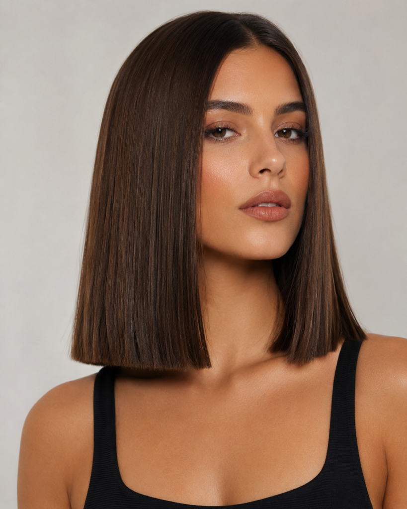 Pairing chocolate brown color with sharp, blunt ends creates a sleek, modern, and highly polished look.
