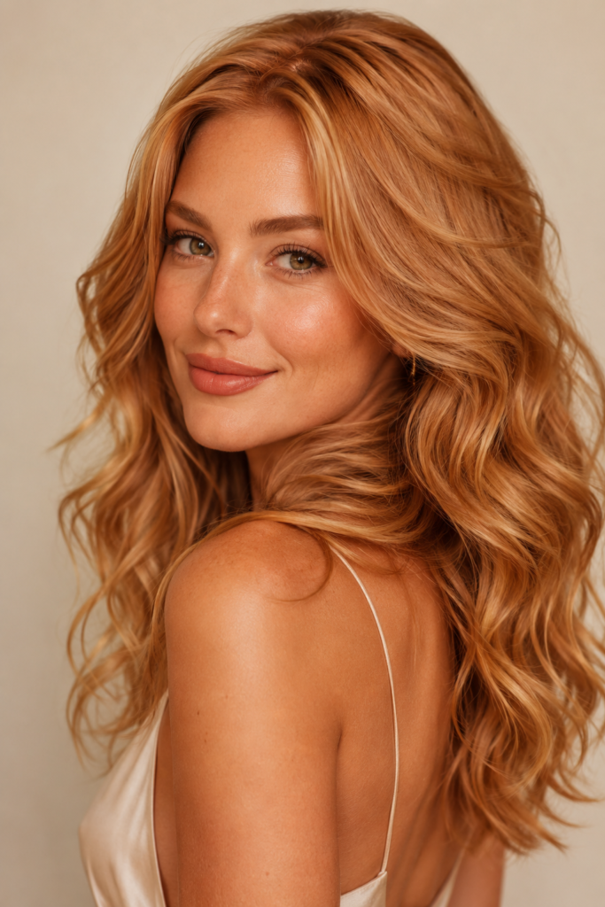 Strawberry blonde combines soft red and gold tones for a romantic finish, ideal for fair to medium warm or peachy skin and oval or round faces.