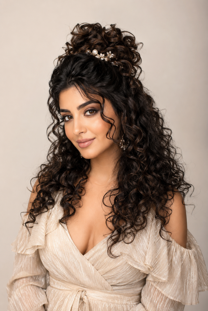 The half-up curly weave style balances elegance and playfulness, pulling half the hair up while letting curls flow freely below.
