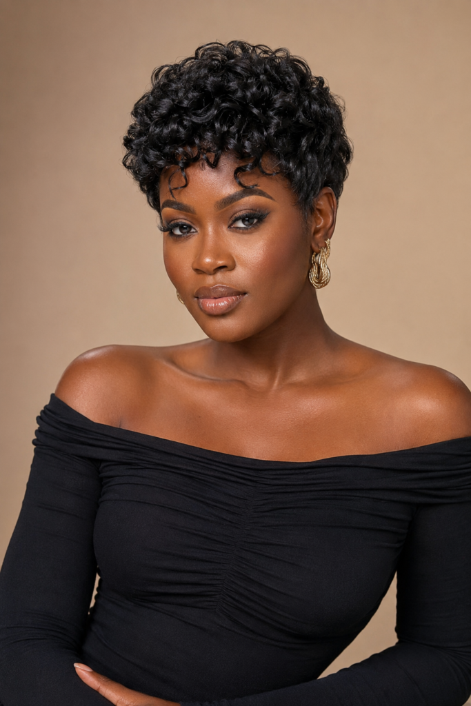 A curly pixie weave delivers bold, voluminous texture in a short, edgy cut.