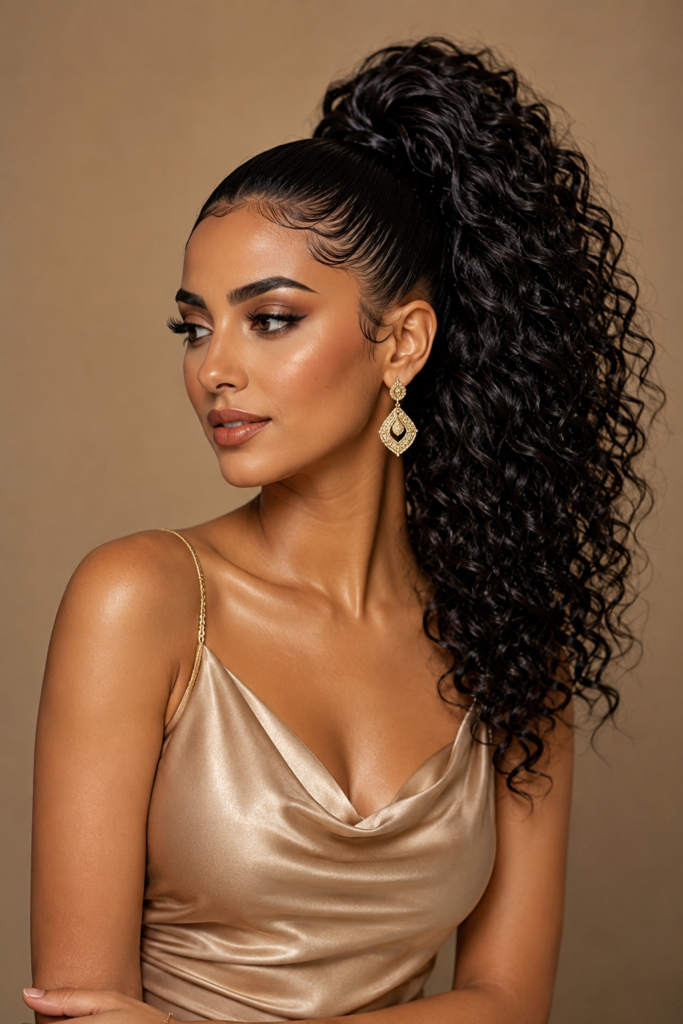 A curly weave ponytail combines sleek styling with bouncy texture, offering a polished yet fun finish. 