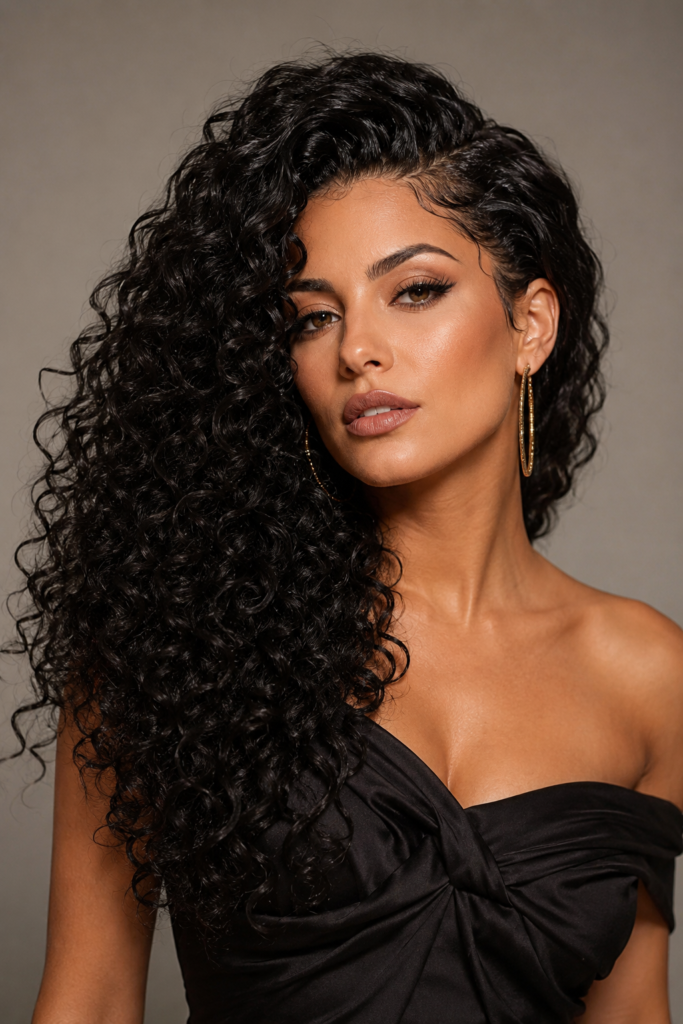 A deep side part adds instant drama and sophistication to any curly weave. 