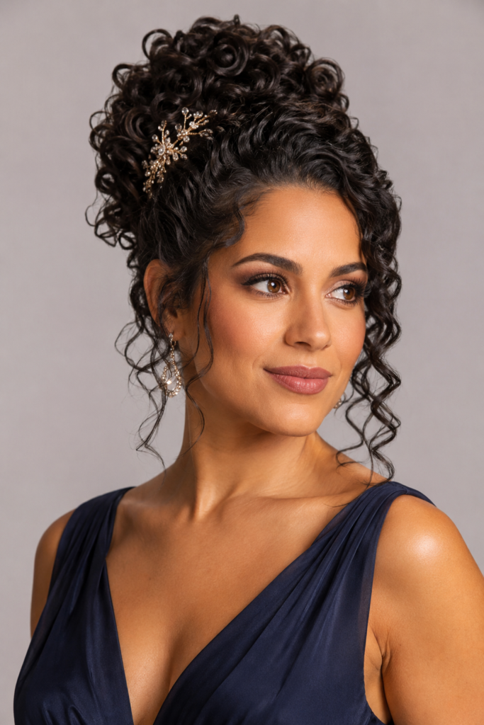 Curly weave updos combine texture and elegance, gathering curls into a stylish, formal arrangement. 