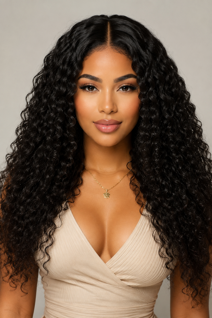 A middle part on a curly weave creates symmetry and a clean, balanced frame around the face. 