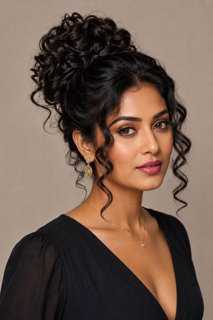 A curly weave bun offers a chic, gathered style with curls tucked neatly at the crown or nape. 
