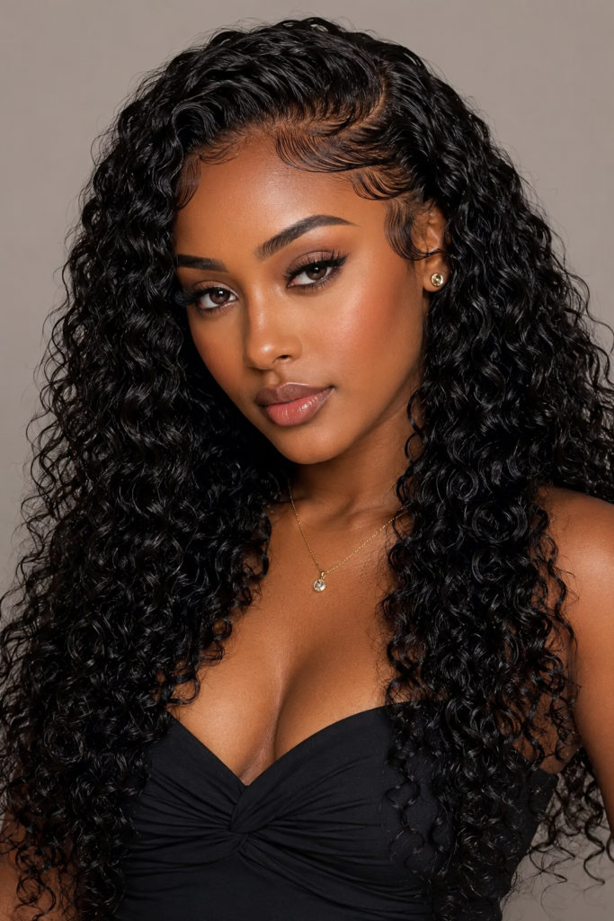 Styled baby hairs along the hairline add a polished, glam finishing touch to any curly weave.