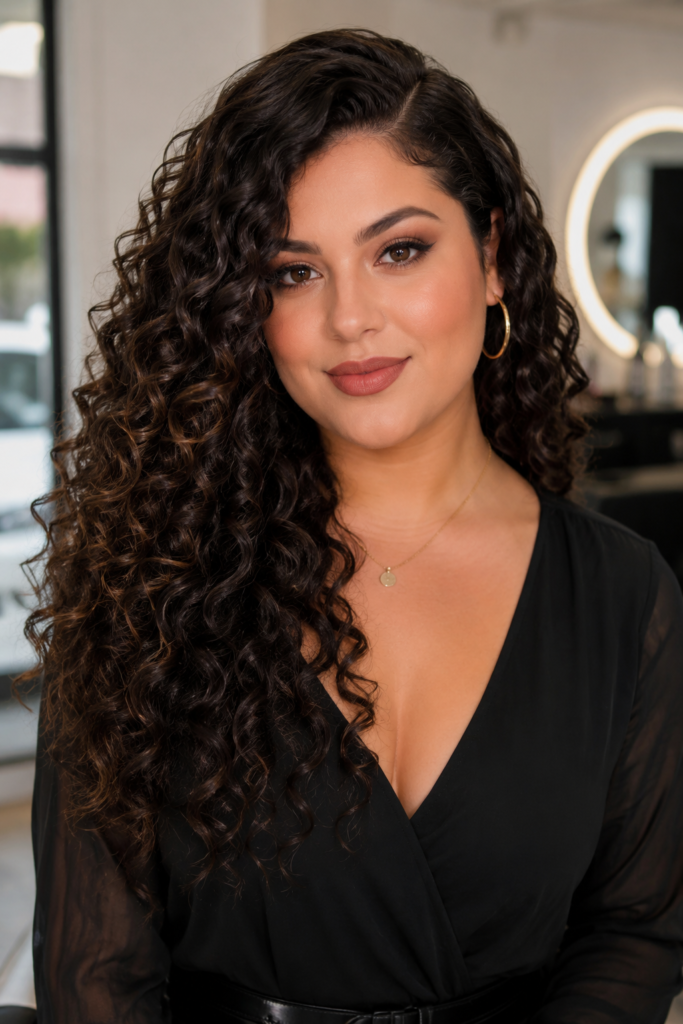 Voluminous curls positioned away from the cheeks help elongate round face shapes beautifully.
