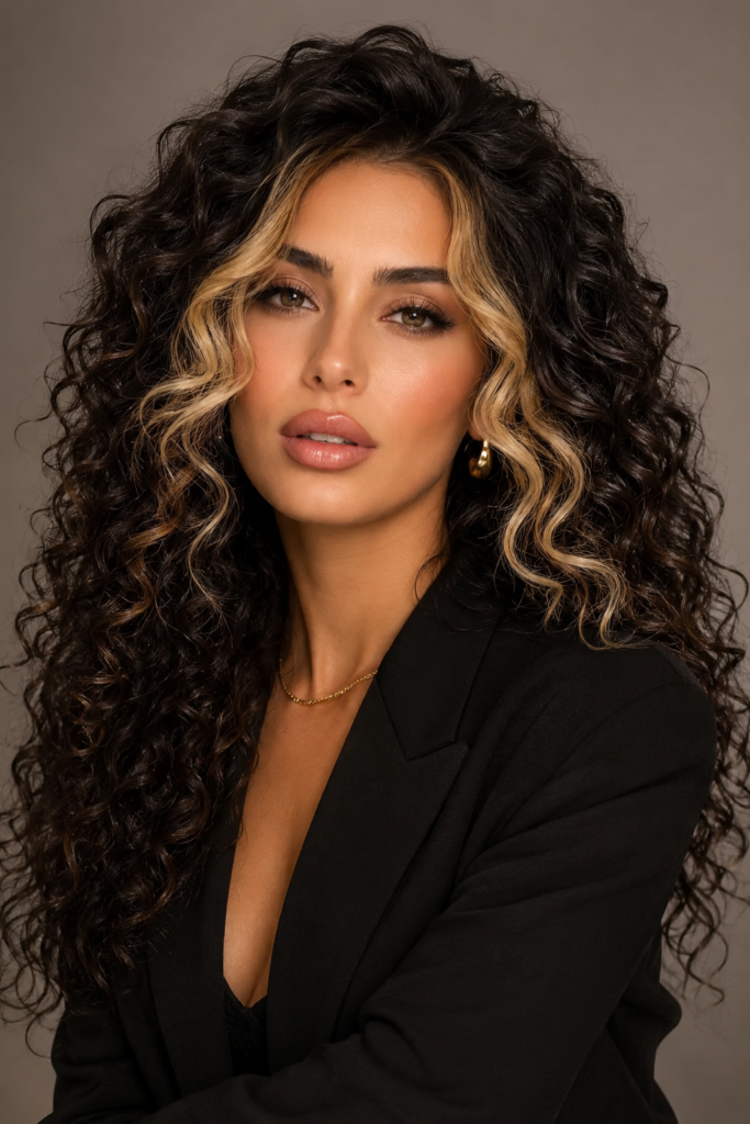 Bright, face-framing highlights placed at the front of a curly weave create a trendy, eye-catching money piece effect. 