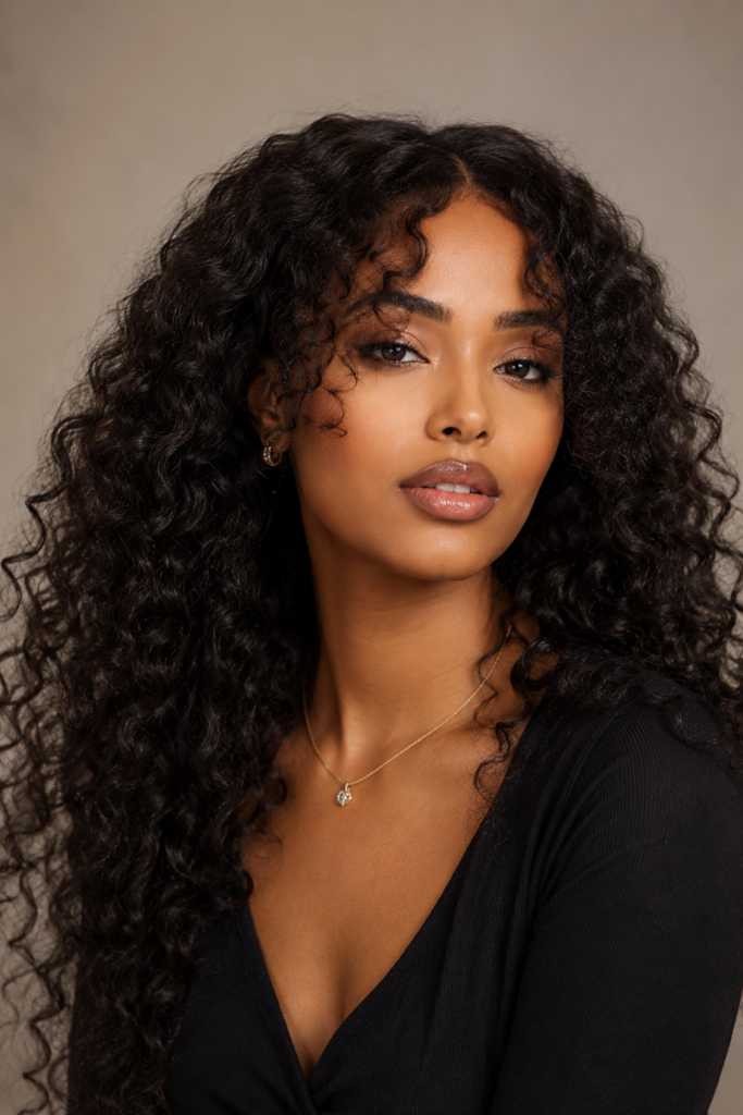Center-parted curly bangs frame the face symmetrically while adding softness and texture. 