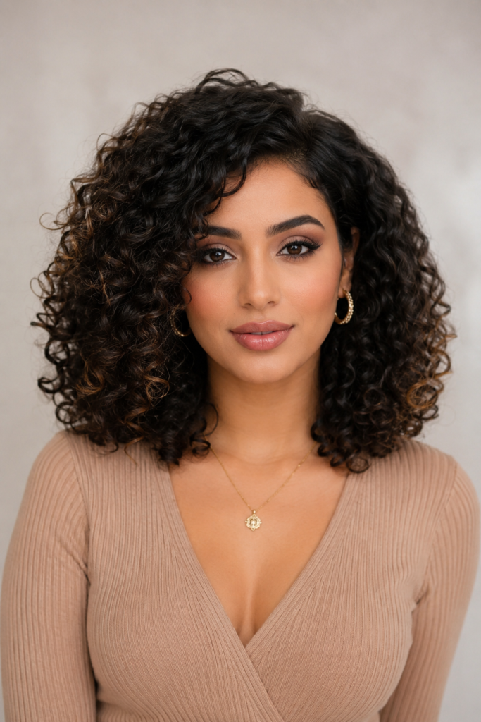 Shoulder-length curly weaves strike the perfect balance between manageability and glamorous volume. 