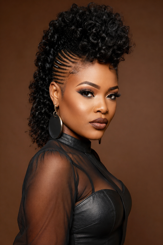 A curly weave mohawk creates a bold, edgy statement by concentrating volume along the center of the head. 