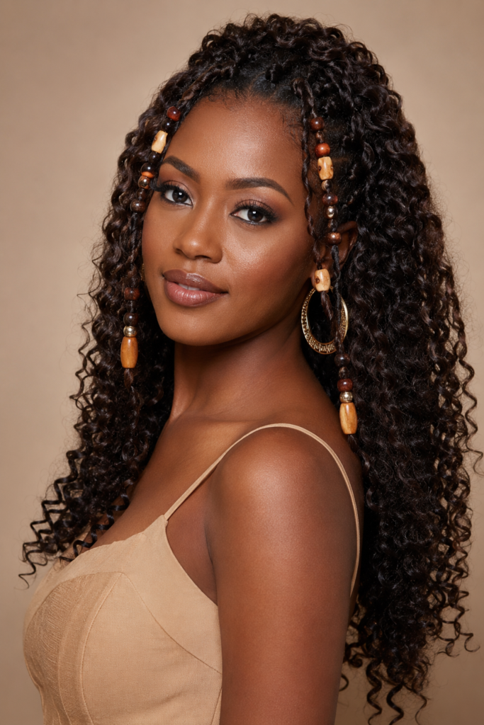 Adding decorative beads to sections of a curly weave introduces playful, cultural flair and movement. 