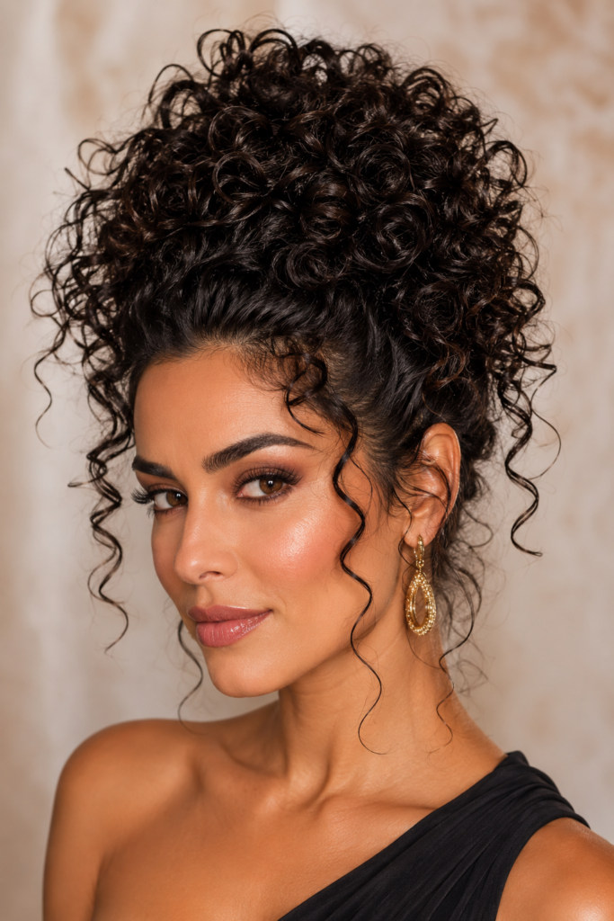The pineapple updo gathers curls loosely at the crown, preserving curl shape while keeping hair elevated. 