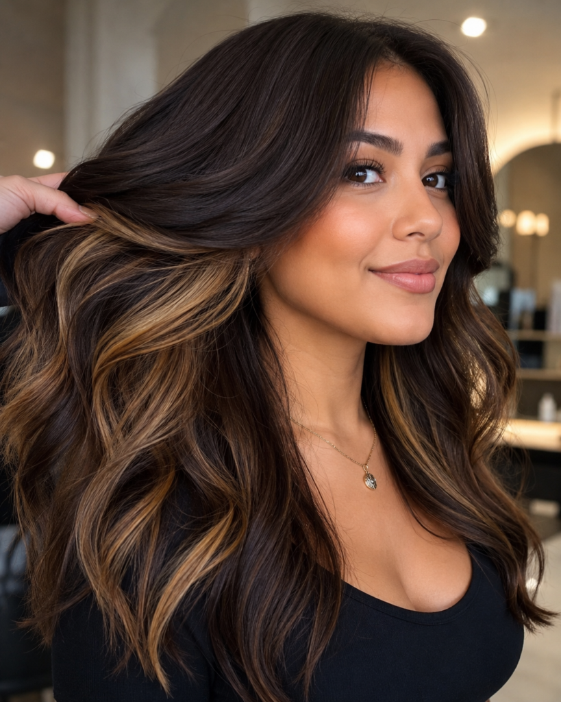 Peekaboo highlights involve placing brighter, contrasting color underneath the top layer of hair.