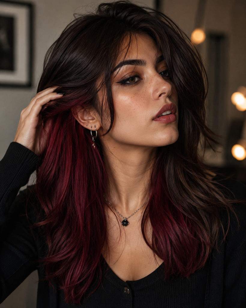 Two-tone chocolate brown hair involves combining two distinctly different shades, often a deep chocolate brown on top with a brighter, contrasting color underneath, creating a bold, editorial-inspired look.
