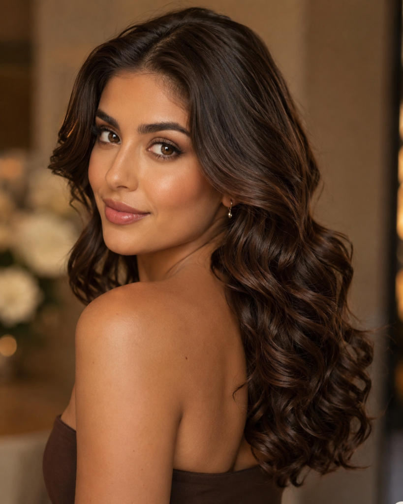 Soft, romantic curls paired with chocolate brown hair color create an effortlessly elegant, feminine look perfect for both everyday wear and special occasions.