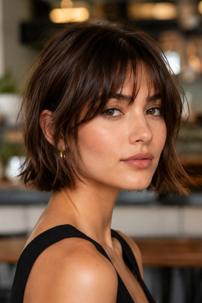 A chin-length bob with bottleneck bangs combines a classic shape with a fashionable fringe.