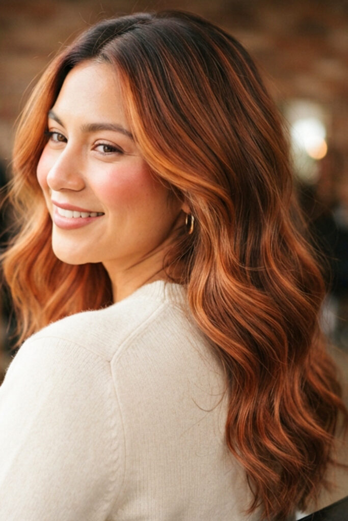 Cinnamon caramel balayage with reddish warm tones