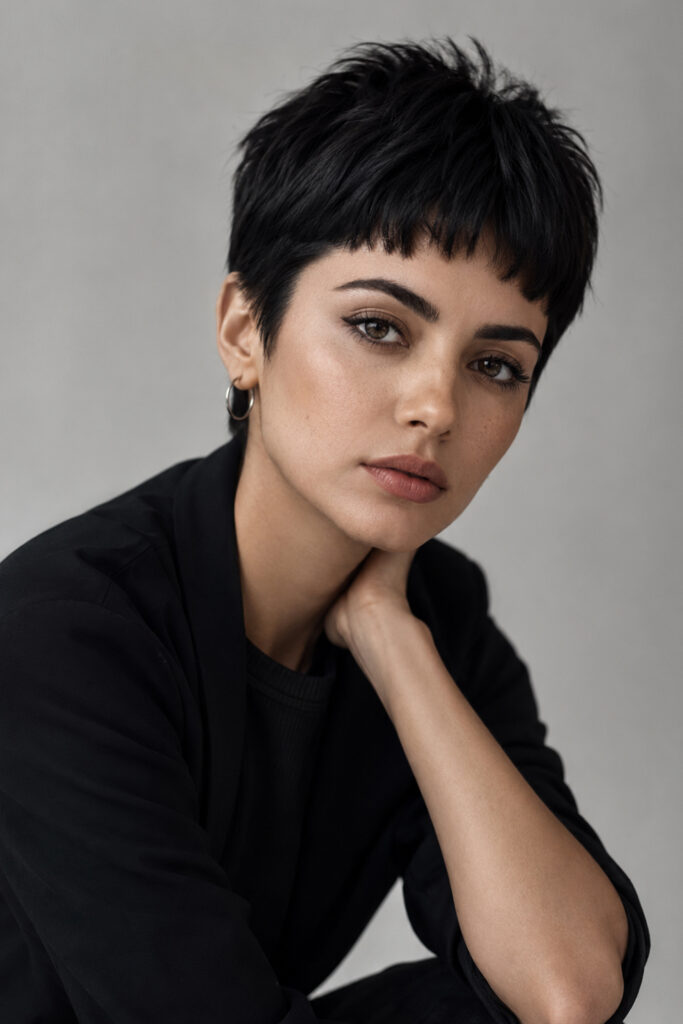 A cropped haircut with baby bangs creates a bold, artistic appearance.