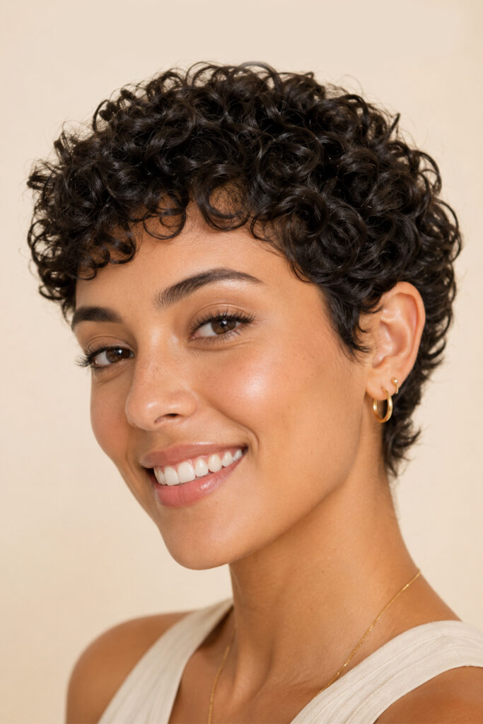 The curly cropped pixie celebrates natural texture while keeping the hair short and manageable.