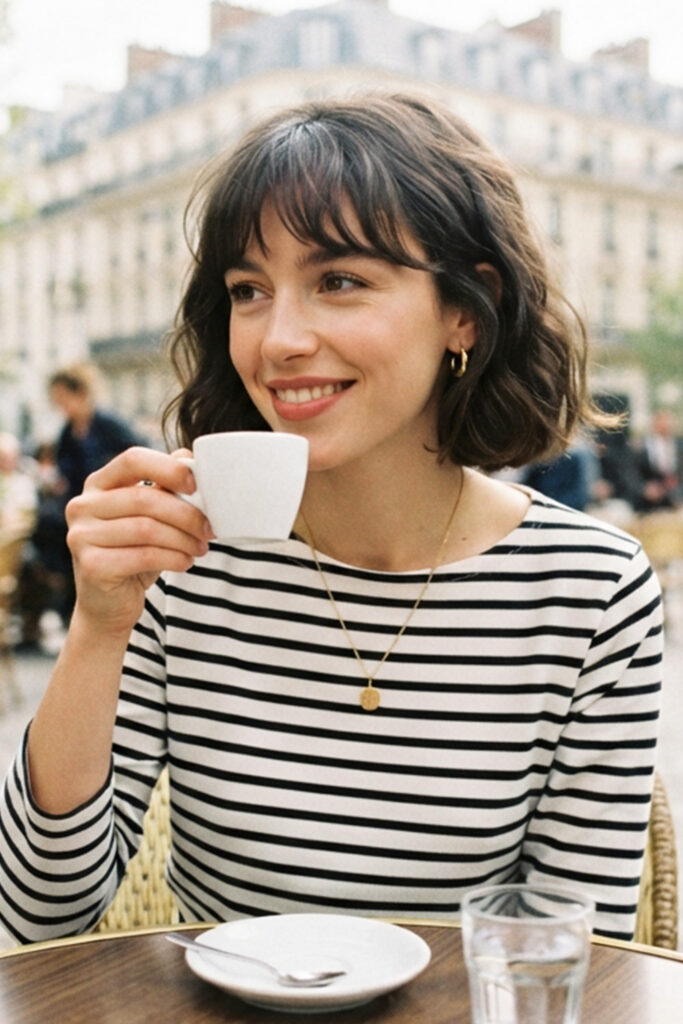 The French bob is typically cut between the cheekbones and chin and is often paired with soft or short bangs.