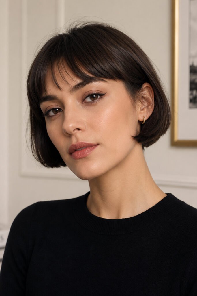 The French-inspired micro bob sits between the cheekbones and jawline.