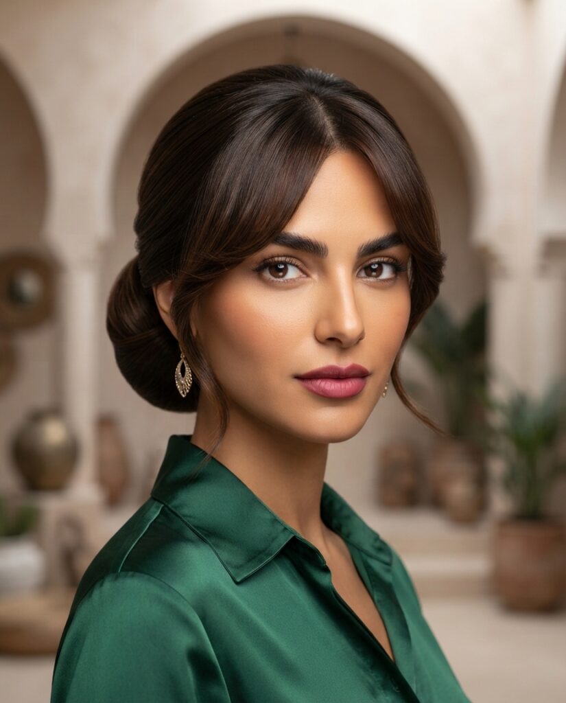 A low bun with curtain bangs creates an elegant, timeless hairstyle.