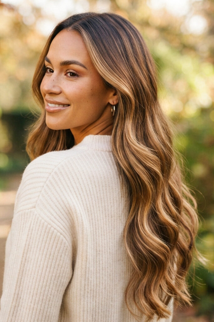 Long brunette hair pairs perfectly with caramel balayage. The length allows the caramel tones to blend gradually, creating a soft, flowing effect from root to end.