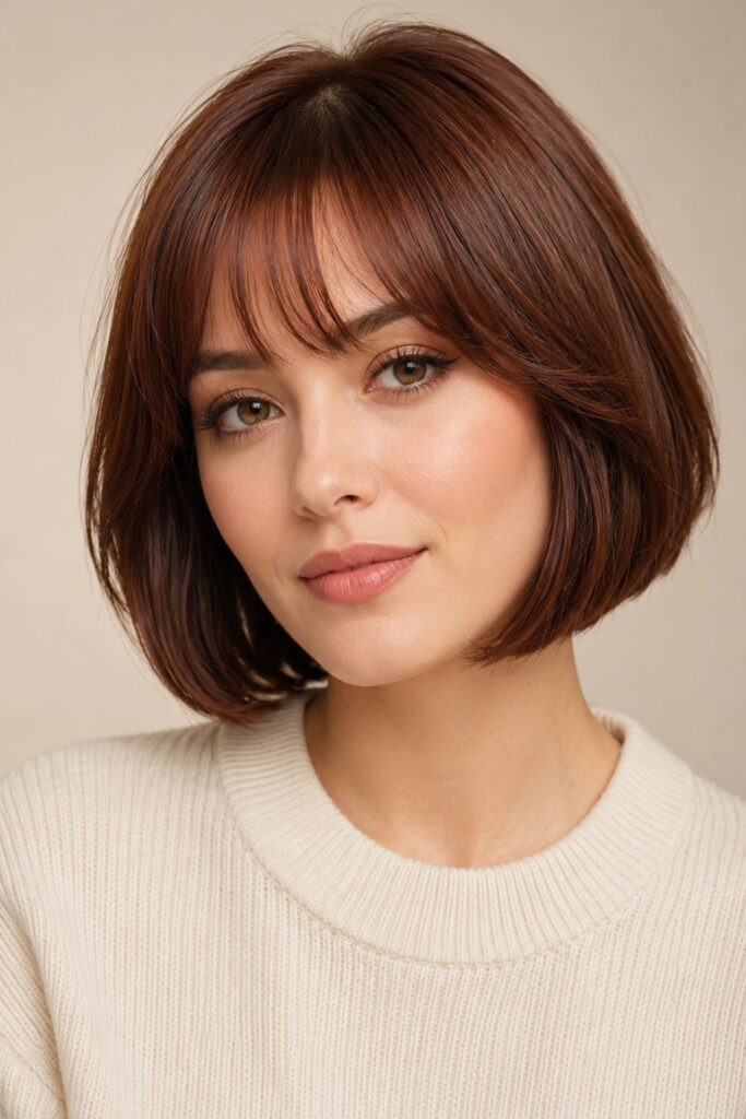 The rounded bob features a softly curved outline that creates fullness around the head. 