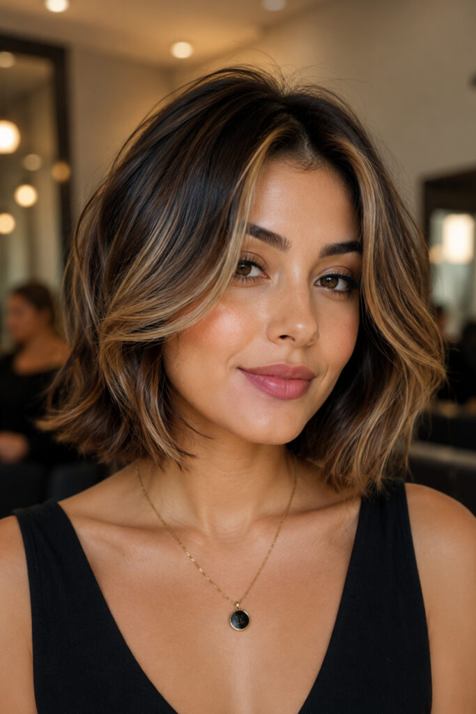 Face-framing highlights add brightness and dimension to a short bob.