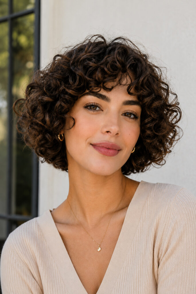 A short curly bob allows natural curls to form a balanced and flattering silhouette. 